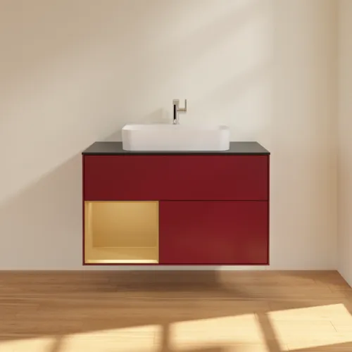 VILLEROY BOCH Toaletní skříňka Finion, s osvětlením, 2 výsuvy, 1000 x 603 x 501 mm, Peony Matt Lacquer / Gold Matt Lacquer / Glass Black Matt #F362HFHB, obrázek 3