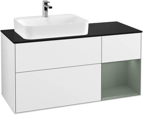 VILLEROY BOCH Toaletní skříňka Finion, s osvětlením, 3 výsuvy, 1200 x 603 x 501 mm, lesklý bílý lak / olivově matný lak / černé matné sklo #F402GMGF