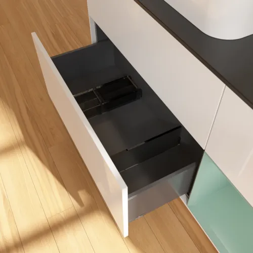 VILLEROY BOCH Toaletní skříňka Finion, s osvětlením, 3 výsuvy, 1200 x 603 x 501 mm, lesklý bílý lak / olivově matný lak / černé matné sklo #F402GMGF, obrázek 7