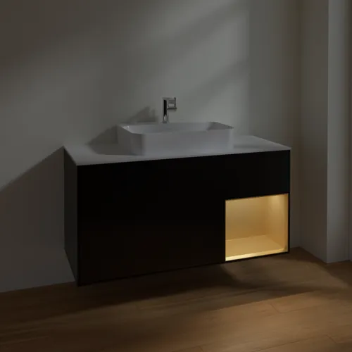 VILLEROY BOCH Toaletní skříňka Finion, s osvětlením, 3 výsuvy, 1200 x 603 x 501 mm, černý matný lak / zlatý matný lak / bílé matné sklo #F421HFPD, obrázek 5