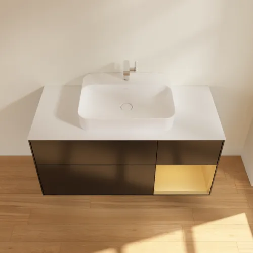 VILLEROY BOCH Toaletní skříňka Finion, s osvětlením, 3 výsuvy, 1200 x 603 x 501 mm, černý matný lak / zlatý matný lak / bílé matné sklo #F421HFPD, obrázek 4