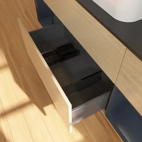 VILLEROY BOCH Toaletní skříňka Finion, s osvětlením, 4 výsuvy, 1600 x 603 x 501 mm, dubová dýha / půlnočně modrý matný lak / černé matné sklo #F452HGPC, obrázek 6