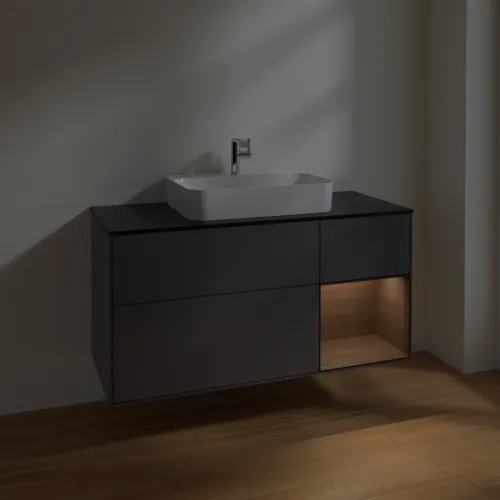 VILLEROY BOCH Toaletní skříňka Finion, s osvětlením, 3 výsuvy, 1200 x 603 x 501 mm, antracitový matný lak / ořechová dýha / černé matné sklo #F422GNGK, obrázek 5