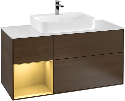 VILLEROY BOCH Toaletní skříňka Finion, s osvětlením, 3 výsuvy, 1200 x 603 x 501 mm, ořechová dýha / zlatý matný lak / sklo bílé matné #F411HFGN