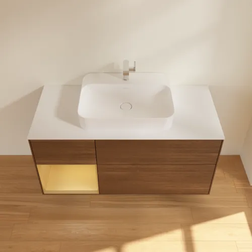 VILLEROY BOCH Toaletní skříňka Finion, s osvětlením, 3 výsuvy, 1200 x 603 x 501 mm, ořechová dýha / zlatý matný lak / sklo bílé matné #F411HFGN, obrázek 4