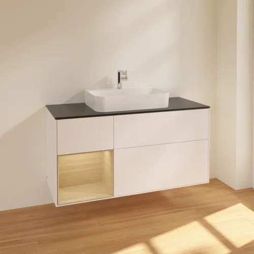 VILLEROY BOCH Toaletní skříňka Finion, s osvětlením, 3 výsuvy, 1200 x 603 x 501 mm, bílý matný lak / dubová dýha / černé matné sklo #F412PCMT, obrázek 2