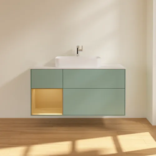 VILLEROY BOCH Toaletní skříňka Finion, s osvětlením, 3 výsuvy, 1200 x 603 x 501 mm, olivový matný lak / zlatý matný lak / bílé matné sklo #F411HFGM, obrázek 3