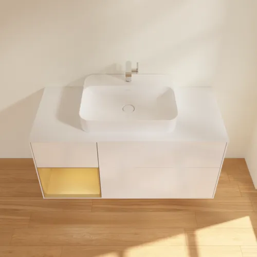 VILLEROY BOCH Toaletní skříňka Finion, s osvětlením, 3 výsuvy, 1200 x 603 x 501 mm, lesklý bílý lak / zlatý matný lak / bílé matné sklo #F411HFGF, obrázek 4