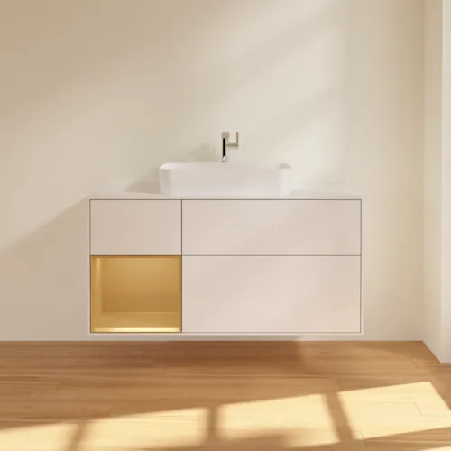 VILLEROY BOCH Toaletní skříňka Finion, s osvětlením, 3 výsuvy, 1200 x 603 x 501 mm, lesklý bílý lak / zlatý matný lak / bílé matné sklo #F411HFGF, obrázek 3