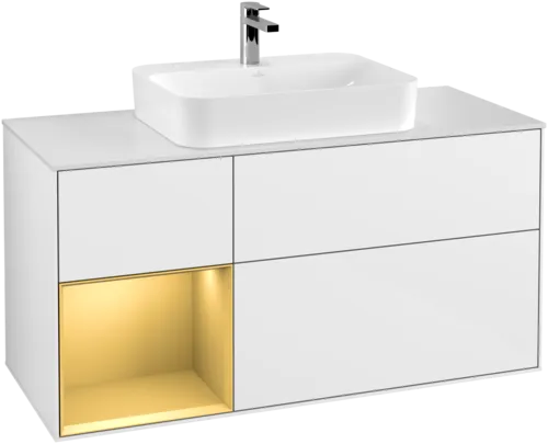 VILLEROY BOCH Toaletní skříňka Finion, s osvětlením, 3 výsuvy, 1200 x 603 x 501 mm, lesklý bílý lak / zlatý matný lak / bílé matné sklo #F411HFGF, obrázek 1