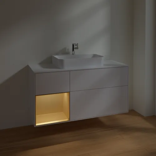 VILLEROY BOCH Toaletní skříňka Finion, s osvětlením, 3 výsuvy, 1200 x 603 x 501 mm, lesklý bílý lak / zlatý matný lak / bílé matné sklo #F411HFGF, obrázek 5