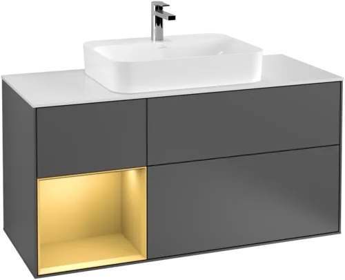 VILLEROY BOCH Toaletní skříňka Finion, s osvětlením, 3 výsuvy, 1200 x 603 x 501 mm, antracitový matný lak / zlatý matný lak / bílé matné sklo #F411HFGK