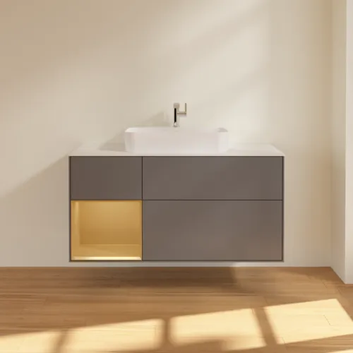 VILLEROY BOCH Toaletní skříňka Finion, s osvětlením, 3 výsuvy, 1200 x 603 x 501 mm, antracitový matný lak / zlatý matný lak / bílé matné sklo #F411HFGK, obrázek 3