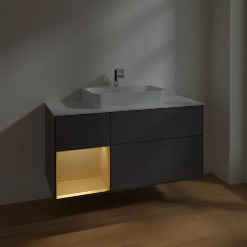 VILLEROY BOCH Toaletní skříňka Finion, s osvětlením, 3 výsuvy, 1200 x 603 x 501 mm, antracitový matný lak / zlatý matný lak / bílé matné sklo #F411HFGK, obrázek 5
