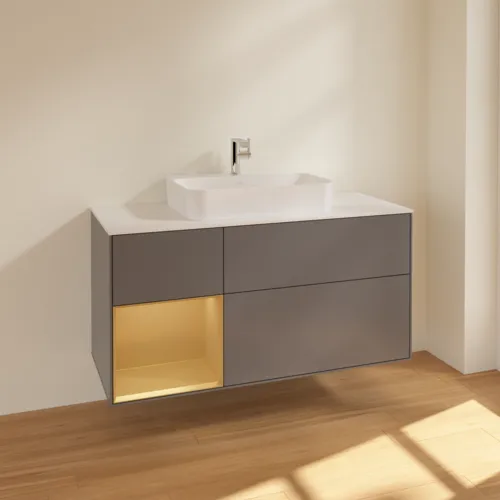 VILLEROY BOCH Toaletní skříňka Finion, s osvětlením, 3 výsuvy, 1200 x 603 x 501 mm, antracitový matný lak / zlatý matný lak / bílé matné sklo #F411HFGK, obrázek 2