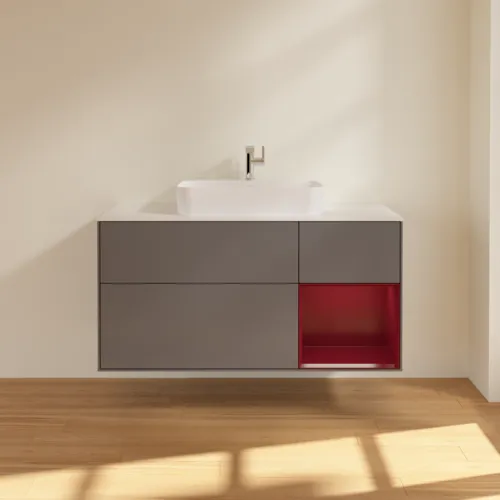 VILLEROY BOCH Toaletní skříňka Finion, s osvětlením, 3 výsuvy, 1200 x 603 x 501 mm, antracitový matný lak / pivoňkový matný lak / bílé matné sklo #F421HBGK, obrázek 3