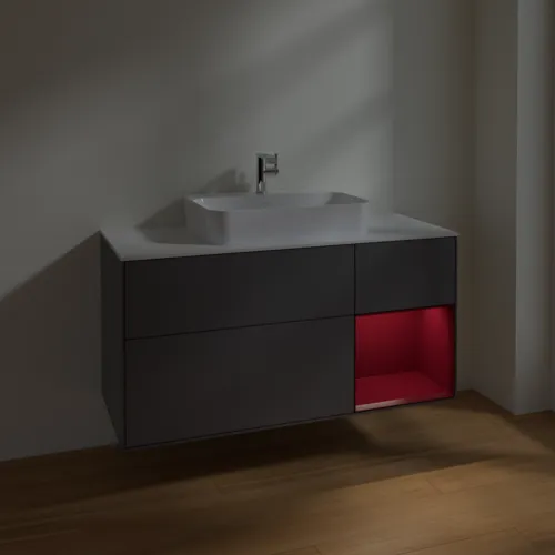 VILLEROY BOCH Toaletní skříňka Finion, s osvětlením, 3 výsuvy, 1200 x 603 x 501 mm, antracitový matný lak / pivoňkový matný lak / bílé matné sklo #F421HBGK, obrázek 5