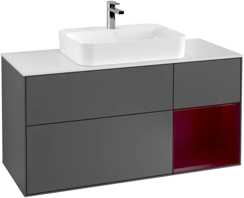 VILLEROY BOCH Toaletní skříňka Finion, s osvětlením, 3 výsuvy, 1200 x 603 x 501 mm, antracitový matný lak / pivoňkový matný lak / bílé matné sklo #F421HBGK, obrázek 1