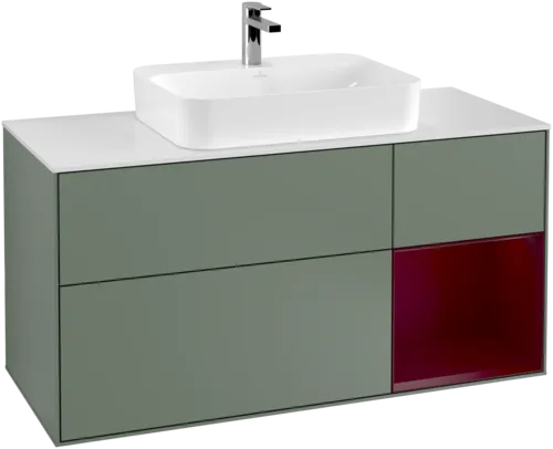 VILLEROY BOCH Toaletní skříňka Finion, s osvětlením, 3 výsuvy, 1200 x 603 x 501 mm, olivový matný lak / pivoňkový matný lak / bílé matné sklo #F421HBGM