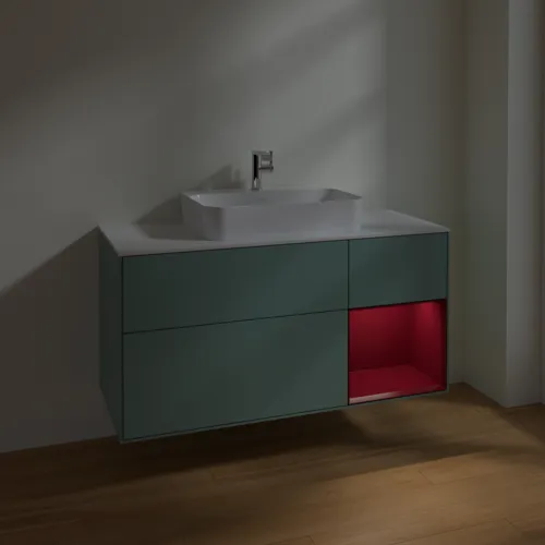 VILLEROY BOCH Toaletní skříňka Finion, s osvětlením, 3 výsuvy, 1200 x 603 x 501 mm, olivový matný lak / pivoňkový matný lak / bílé matné sklo #F421HBGM, obrázek 5
