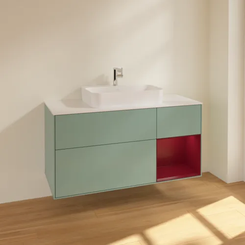 VILLEROY BOCH Toaletní skříňka Finion, s osvětlením, 3 výsuvy, 1200 x 603 x 501 mm, olivový matný lak / pivoňkový matný lak / bílé matné sklo #F421HBGM, obrázek 2