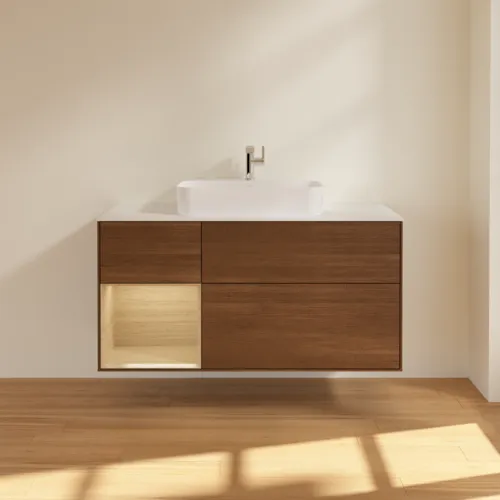 VILLEROY BOCH Toaletní skříňka Finion, s osvětlením, 3 výsuvy, 1200 x 603 x 501 mm, ořechová dýha / dubová dýha / sklo bílé matné #F411PCGN, obrázek 3