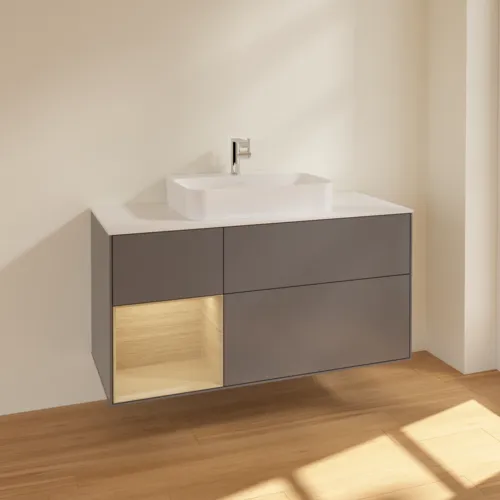 VILLEROY BOCH Toaletní skříňka Finion, s osvětlením, 3 výsuvy, 1200 x 603 x 501 mm, antracit matný lak / dubová dýha / sklo bílé matné #F411PCGK, obrázek 2