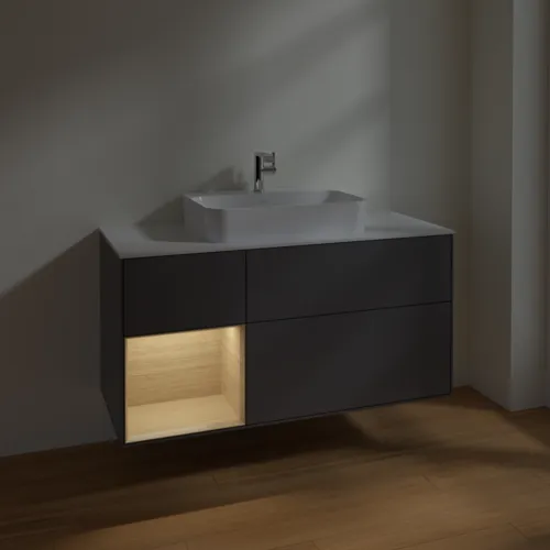 VILLEROY BOCH Toaletní skříňka Finion, s osvětlením, 3 výsuvy, 1200 x 603 x 501 mm, antracit matný lak / dubová dýha / sklo bílé matné #F411PCGK, obrázek 5
