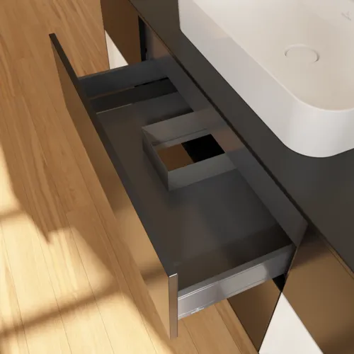 VILLEROY BOCH Toaletní skříňka Finion, s osvětlením, 4 výsuvy, 1600 x 603 x 501 mm, černý matný lak / bílý lesklý lak / černé matné sklo #F452GFPD, obrázek 6