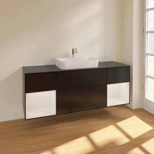 VILLEROY BOCH Toaletní skříňka Finion, s osvětlením, 4 výsuvy, 1600 x 603 x 501 mm, černý matný lak / bílý lesklý lak / černé matné sklo #F452GFPD, obrázek 2