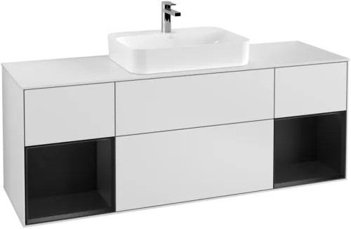 VILLEROY BOCH Toaletní skříňka Finion, s osvětlením, 4 výsuvy, 1600 x 603 x 501 mm, bílý matný lak / černý matný lak / bílé matné sklo #F451PDMT