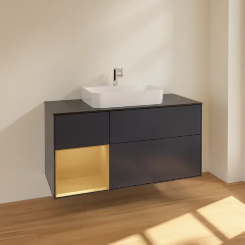 VILLEROY BOCH Toaletní skříňka Finion, s osvětlením, 3 výsuvy, 1200 x 603 x 501 mm, Midnight Blue Matt Lacquer / Gold Matt Lacquer / Glass Black Matt #F412HFHG, obrázek 2