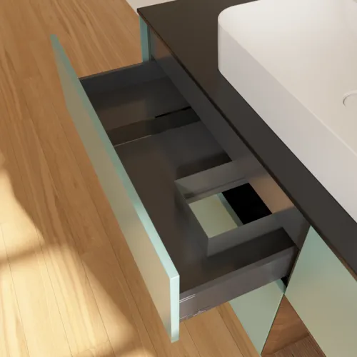 VILLEROY BOCH Toaletní skříňka Finion, s osvětlením, 3 výsuvy, 1200 x 603 x 501 mm, olivový matný lak / ořechová dýha / černé matné sklo #F422GNGM, obrázek 8