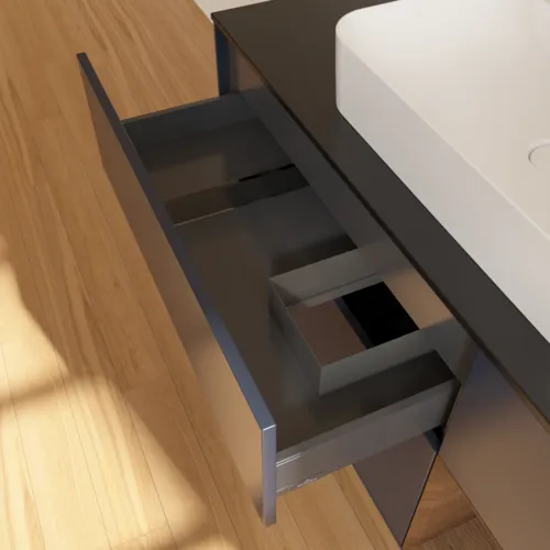 VILLEROY BOCH Toaletní skříňka Finion, s osvětlením, 3 výsuvy, 1200 x 603 x 501 mm, půlnočně modrý matný lak / ořechová dýha / černé matné sklo #F422GNHG, obrázek 8
