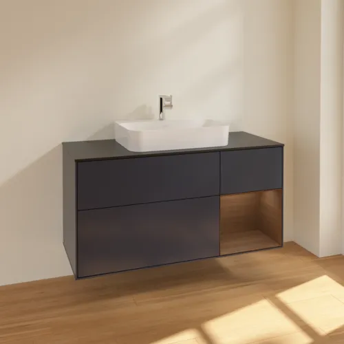 VILLEROY BOCH Toaletní skříňka Finion, s osvětlením, 3 výsuvy, 1200 x 603 x 501 mm, půlnočně modrý matný lak / ořechová dýha / černé matné sklo #F422GNHG, obrázek 2