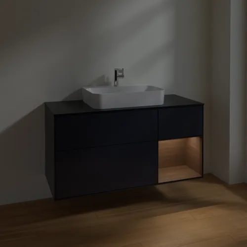 VILLEROY BOCH Toaletní skříňka Finion, s osvětlením, 3 výsuvy, 1200 x 603 x 501 mm, půlnočně modrý matný lak / ořechová dýha / černé matné sklo #F422GNHG, obrázek 5