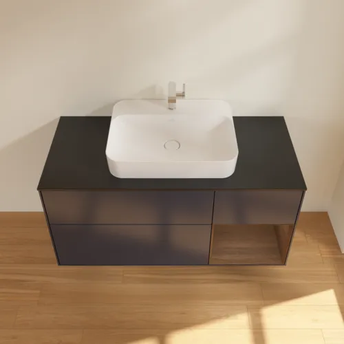 VILLEROY BOCH Toaletní skříňka Finion, s osvětlením, 3 výsuvy, 1200 x 603 x 501 mm, půlnočně modrý matný lak / ořechová dýha / černé matné sklo #F422GNHG, obrázek 4