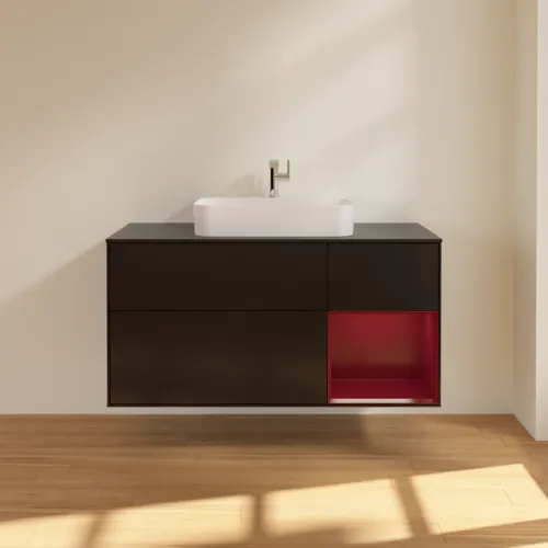 VILLEROY BOCH Toaletní skříňka Finion, s osvětlením, 3 výsuvy, 1200 x 603 x 501 mm, černý matný lak / pivoňkový matný lak / černé matné sklo #F422HBPD, obrázek 3