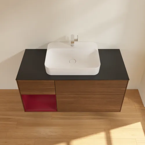 VILLEROY BOCH Toaletní skříňka Finion, s osvětlením, 3 výsuvy, 1200 x 603 x 501 mm, ořechová dýha / matný lak Pivoňka / černé matné sklo #F412HBGN, obrázek 4