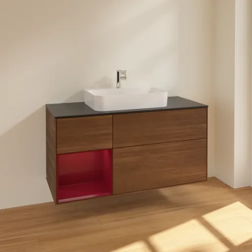VILLEROY BOCH Toaletní skříňka Finion, s osvětlením, 3 výsuvy, 1200 x 603 x 501 mm, ořechová dýha / matný lak Pivoňka / černé matné sklo #F412HBGN, obrázek 2
