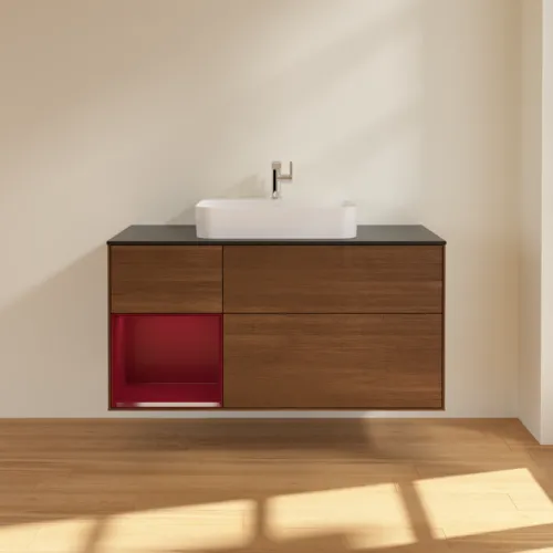VILLEROY BOCH Toaletní skříňka Finion, s osvětlením, 3 výsuvy, 1200 x 603 x 501 mm, ořechová dýha / matný lak Pivoňka / černé matné sklo #F412HBGN, obrázek 3