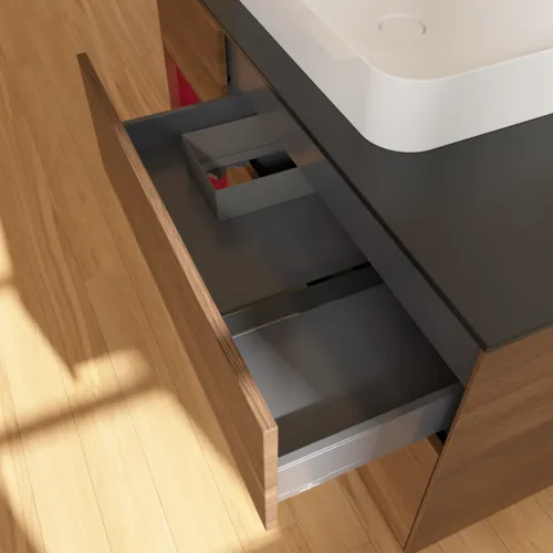 VILLEROY BOCH Toaletní skříňka Finion, s osvětlením, 3 výsuvy, 1200 x 603 x 501 mm, ořechová dýha / matný lak Pivoňka / černé matné sklo #F412HBGN, obrázek 8