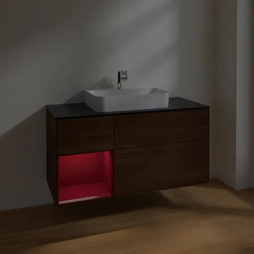 VILLEROY BOCH Toaletní skříňka Finion, s osvětlením, 3 výsuvy, 1200 x 603 x 501 mm, ořechová dýha / matný lak Pivoňka / černé matné sklo #F412HBGN, obrázek 5