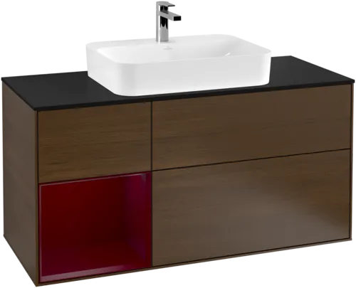 VILLEROY BOCH Toaletní skříňka Finion, s osvětlením, 3 výsuvy, 1200 x 603 x 501 mm, ořechová dýha / matný lak Pivoňka / černé matné sklo #F412HBGN, obrázek 1
