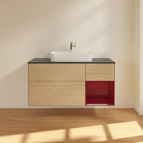 VILLEROY BOCH Toaletní skříňka Finion, s osvětlením, 3 výsuvy, 1200 x 603 x 501 mm, dubová dýha / matný lak Pivoňka / matné černé sklo #F422HBPC, obrázek 3