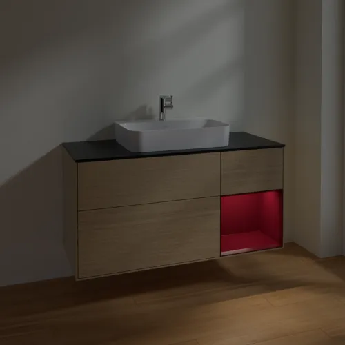 VILLEROY BOCH Toaletní skříňka Finion, s osvětlením, 3 výsuvy, 1200 x 603 x 501 mm, dubová dýha / matný lak Pivoňka / matné černé sklo #F422HBPC, obrázek 5