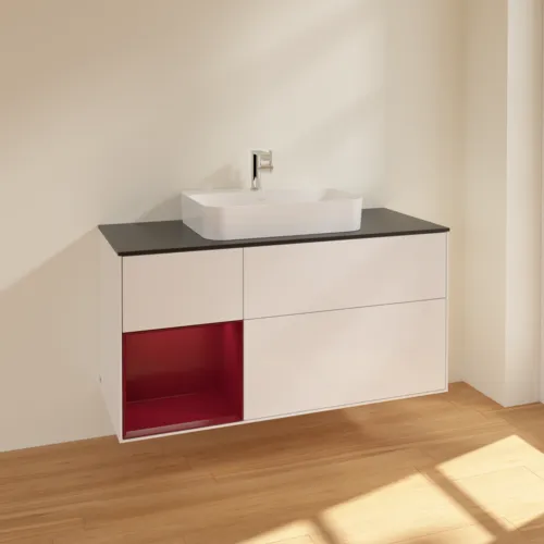 VILLEROY BOCH Toaletní skříňka Finion, s osvětlením, 3 výsuvy, 1200 x 603 x 501 mm, lesklý bílý lak / matný lak Pivoňka / matné černé sklo #F412HBGF, obrázek 2