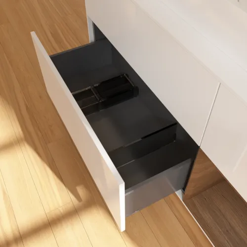 VILLEROY BOCH Toaletní skříňka Finion, s osvětlením, 3 výsuvy, 1200 x 603 x 501 mm, lesklý bílý lak / ořechová dýha / sklo bílé matné #F421GNGF, obrázek 7