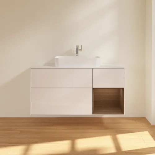 VILLEROY BOCH Toaletní skříňka Finion, s osvětlením, 3 výsuvy, 1200 x 603 x 501 mm, lesklý bílý lak / ořechová dýha / sklo bílé matné #F421GNGF, obrázek 3