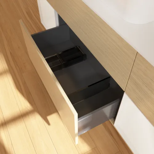 VILLEROY BOCH Toaletní skříňka Finion, s osvětlením, 4 výsuvy, 1600 x 603 x 501 mm, dubová dýha / lesklý bílý lak / sklo bílé matné #F451GFPC, obrázek 6